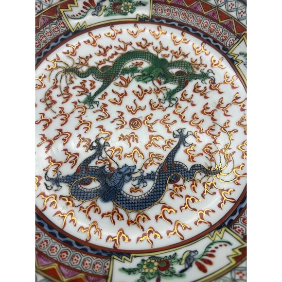 Hand-Painted Japanese Dragon Porcelain Bowl 9.5″ Pewter Encased Hong Kong Art - Picture 4 of 6